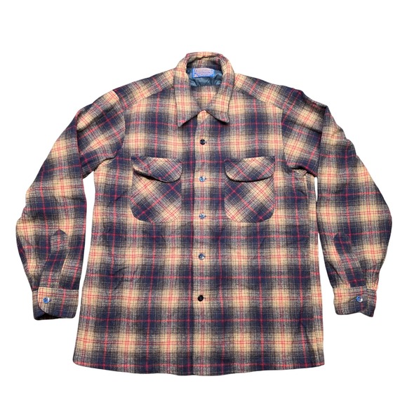 Pendleton Other - VTG Pendleton Board Shirt Plaid Tan Navy Mens Large Wool Flannel Loop Collar USA